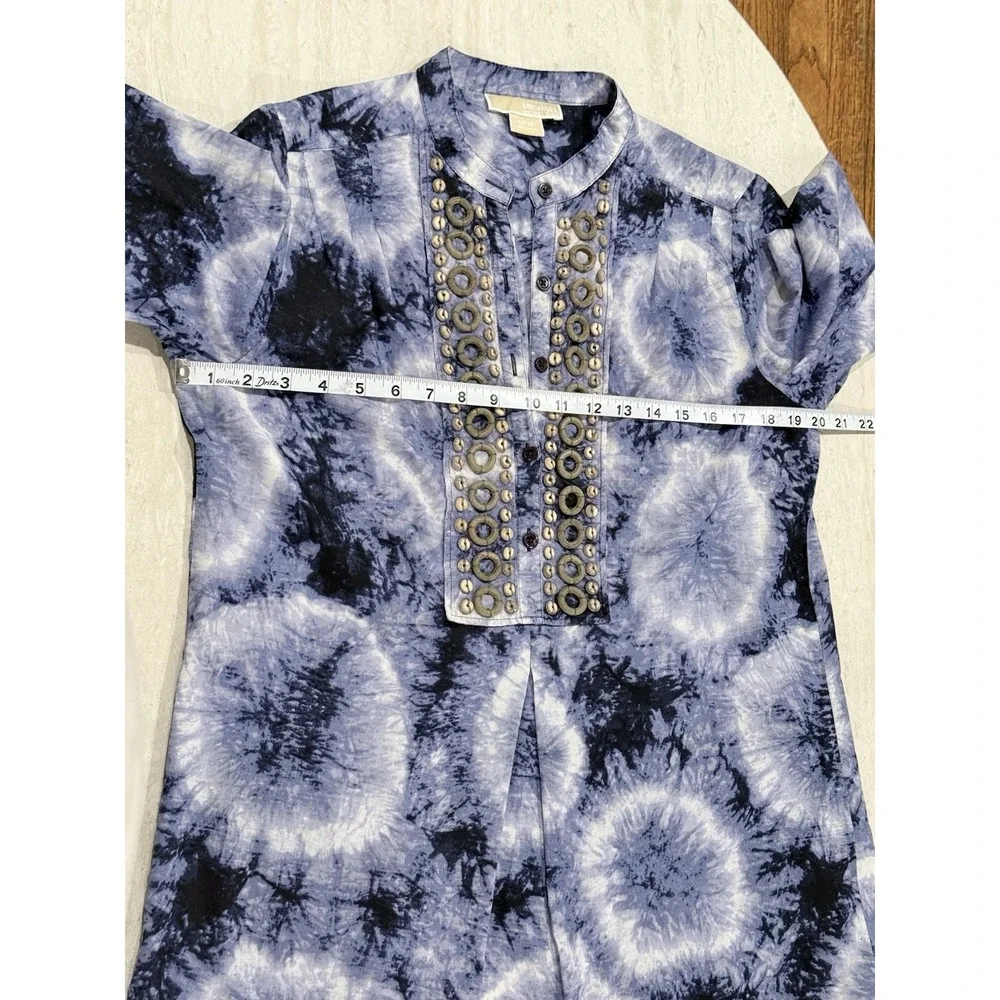 Michael Kors Top‎ M Blue Tie-Dye Beaded Bib Pleated Hippie Boho Peasant Popover